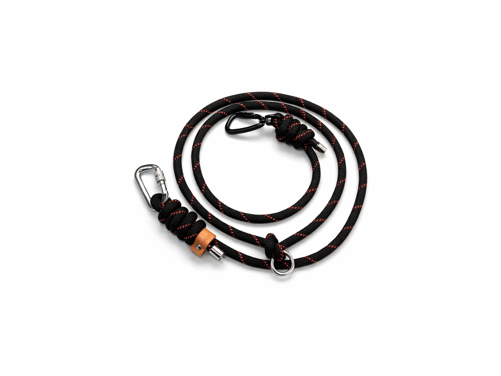 Black and red rope leash with metal clasp on a white background