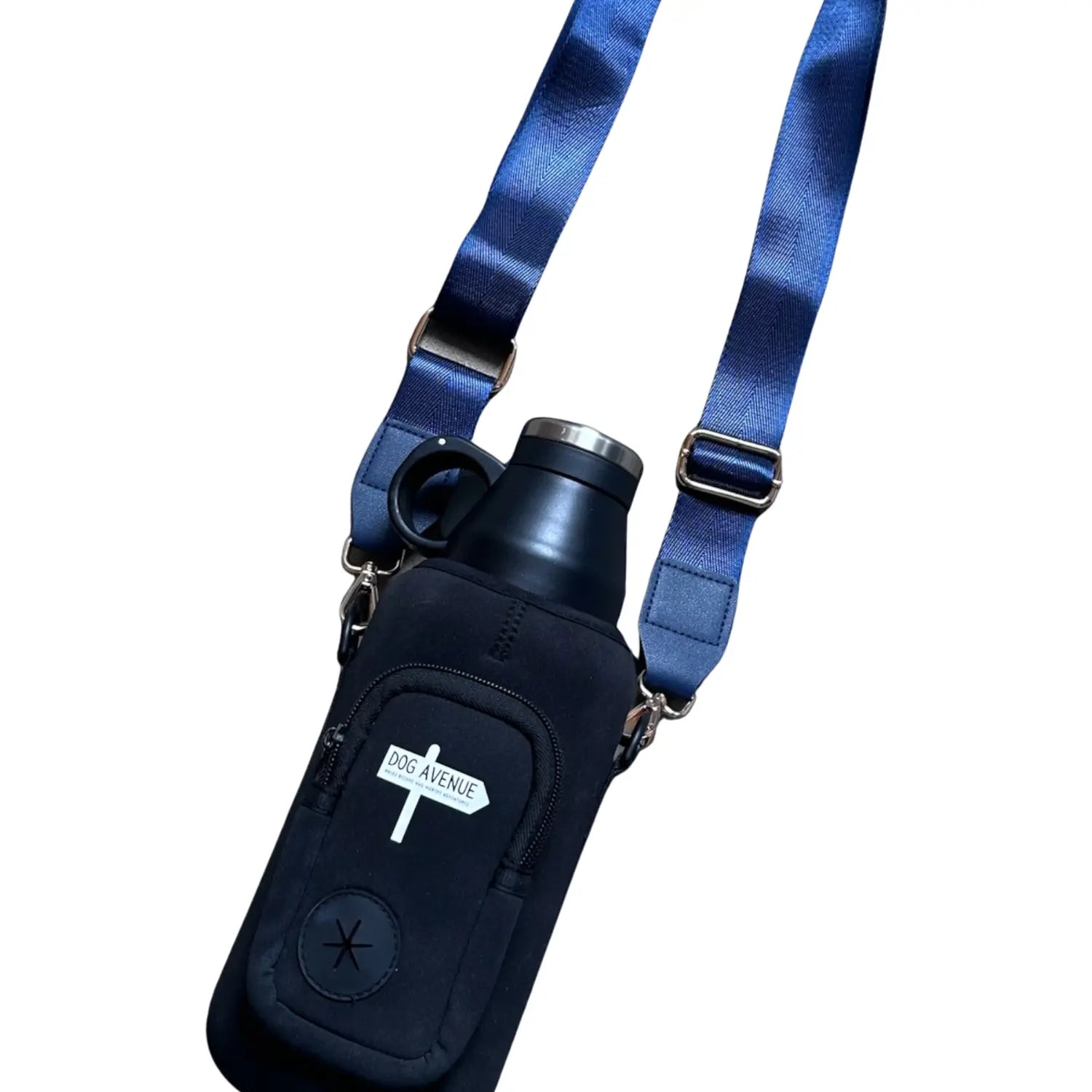 Insulated dog water bottle in its black neoprene Buddy Bag carrier with a navy adjustable shoulder strap and zip pocket