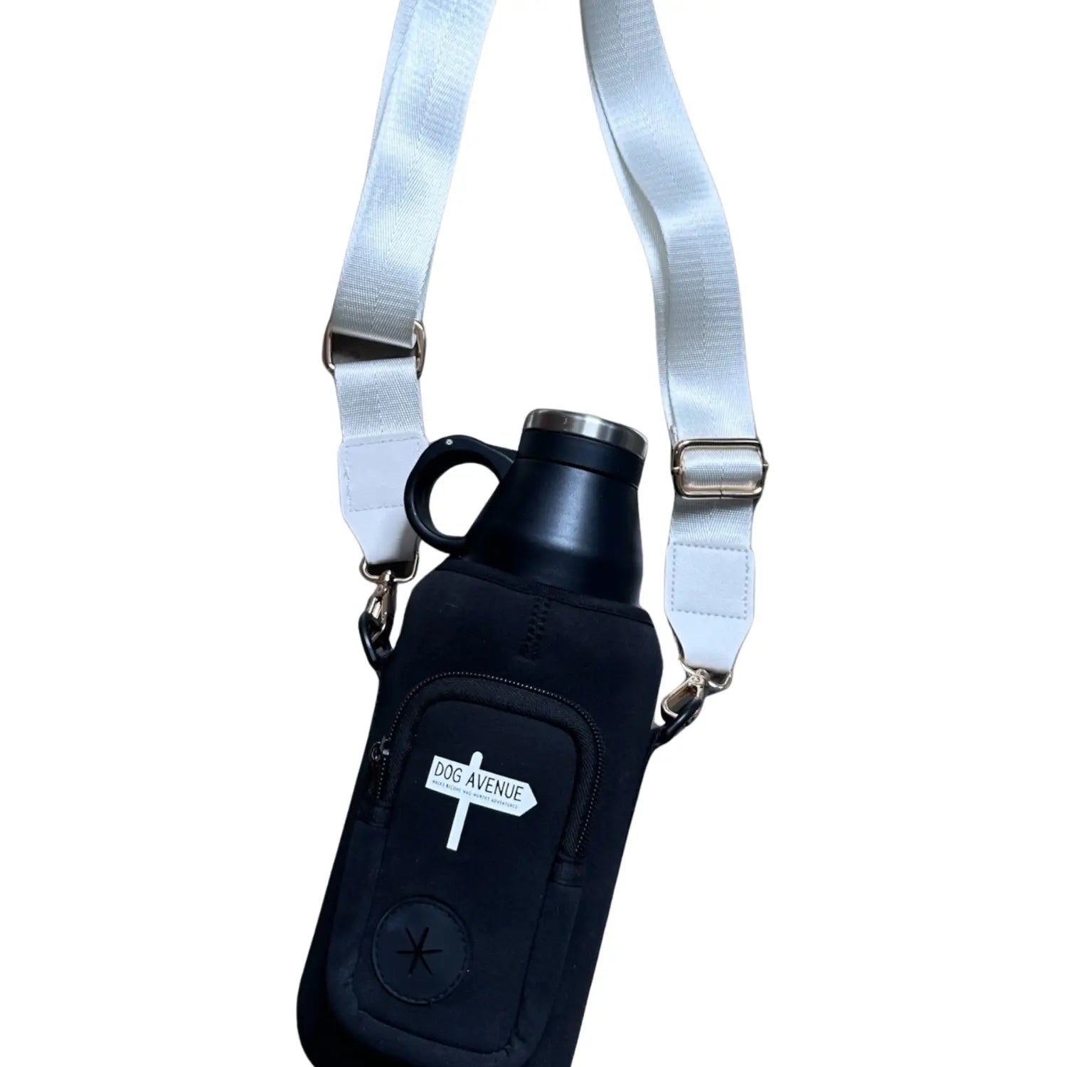 Dog water bottle in the black Buddy Bag carrier fitted with a light grey crossbody shoulder strap