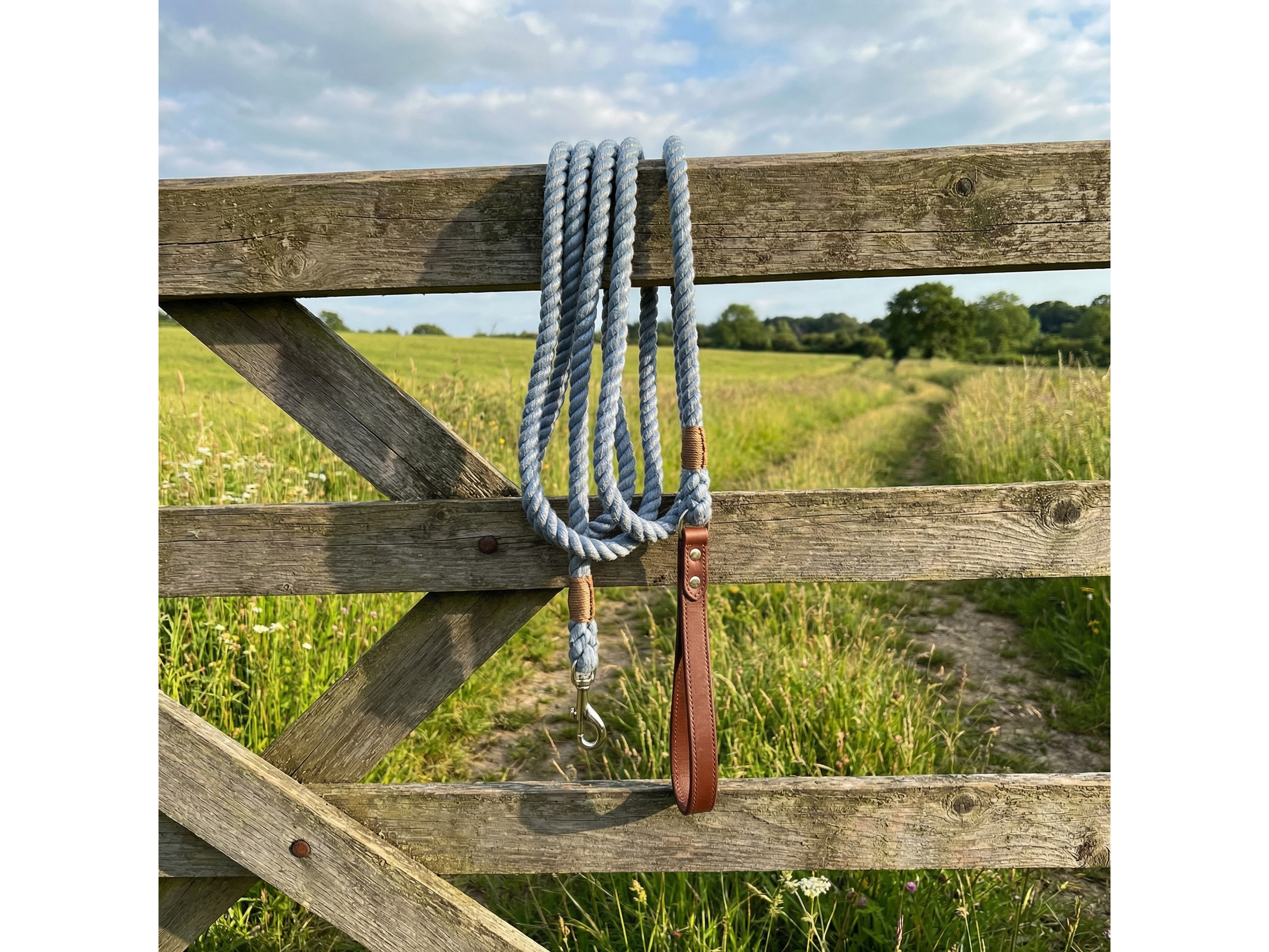 Rope lanyard with brown leather strap hanging on a wooden gate with a grassy field and blue sky in the background