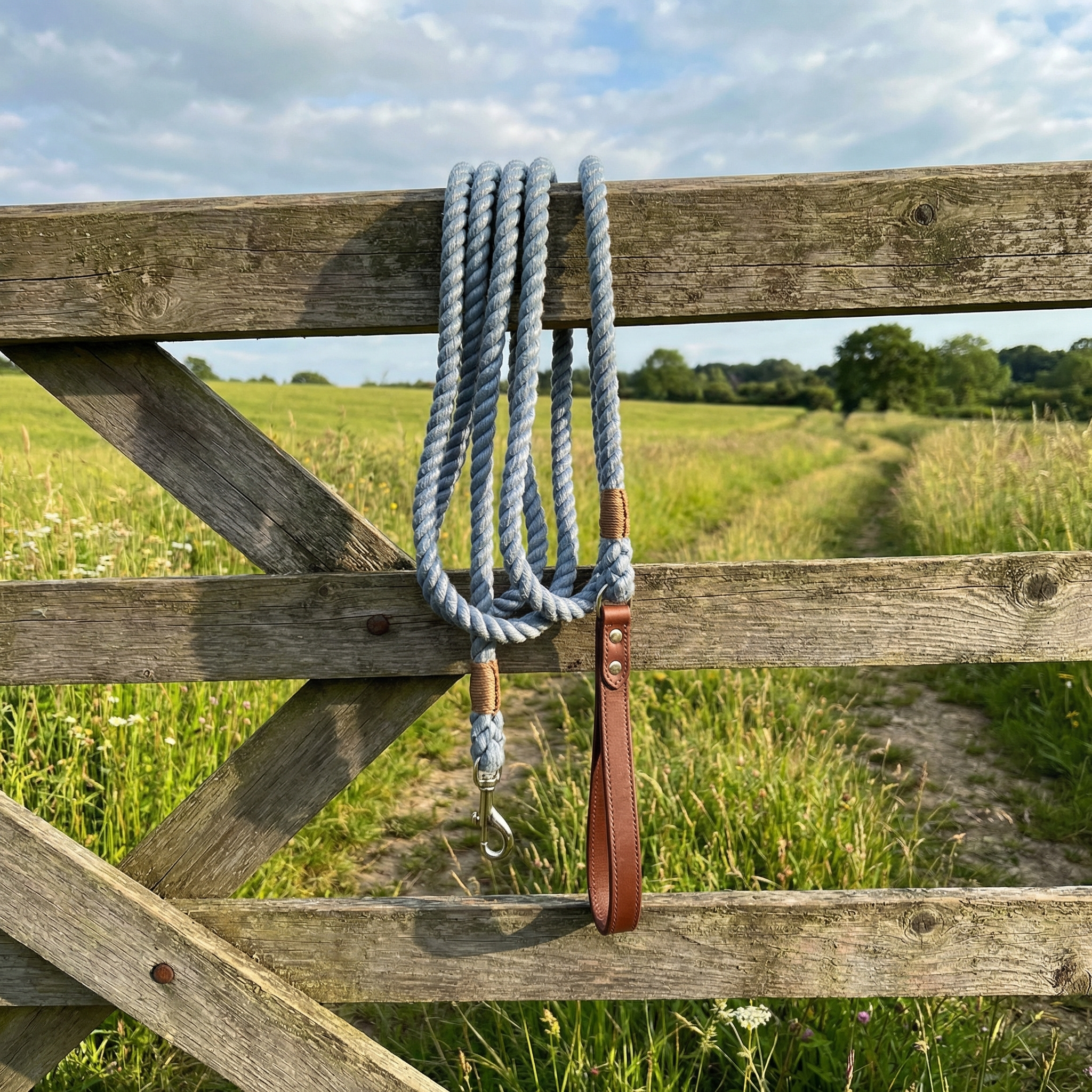 Rope lanyard with brown leather strap hanging on a wooden gate with a grassy field and blue sky in the background