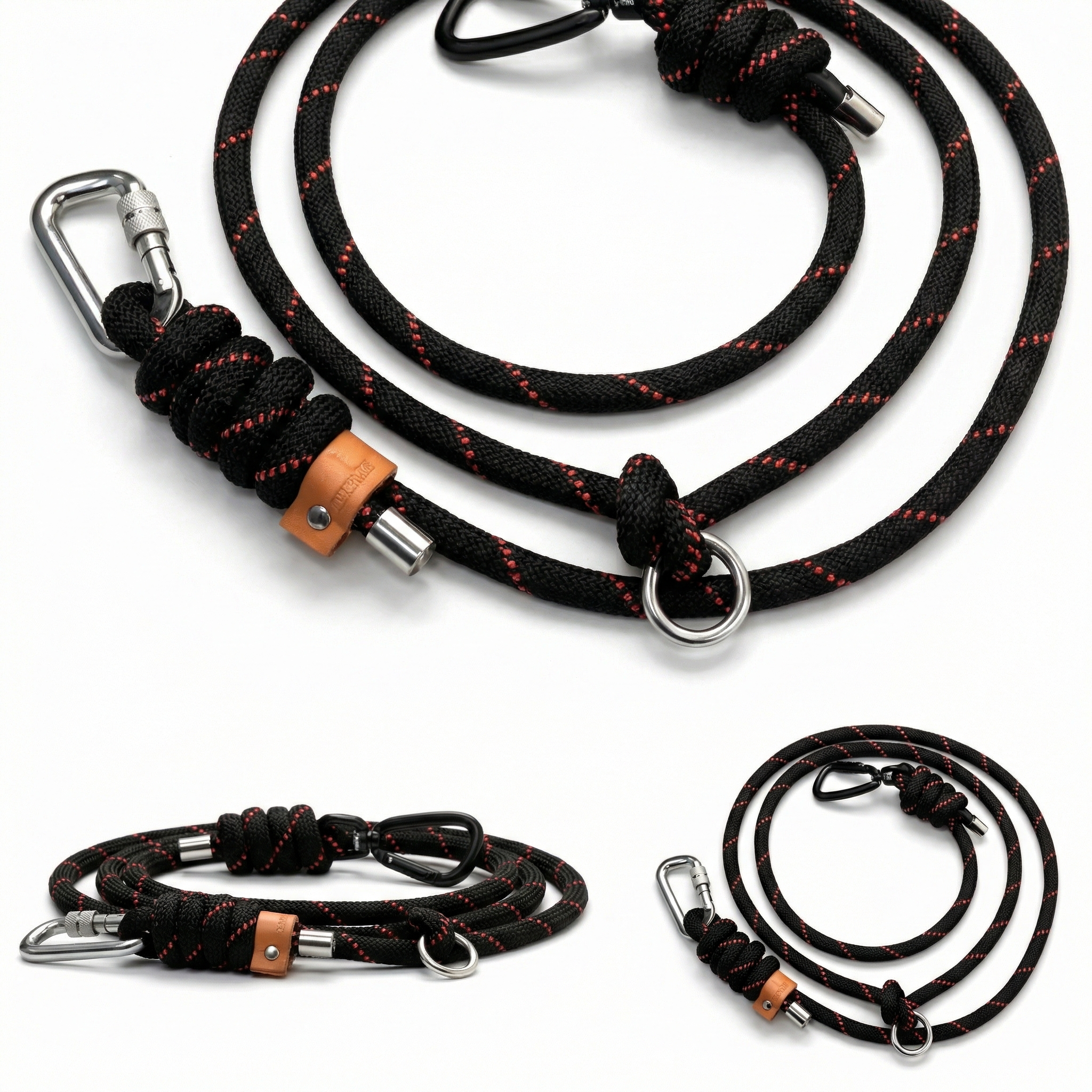 Black rope leashes with metal carabiners on a white background