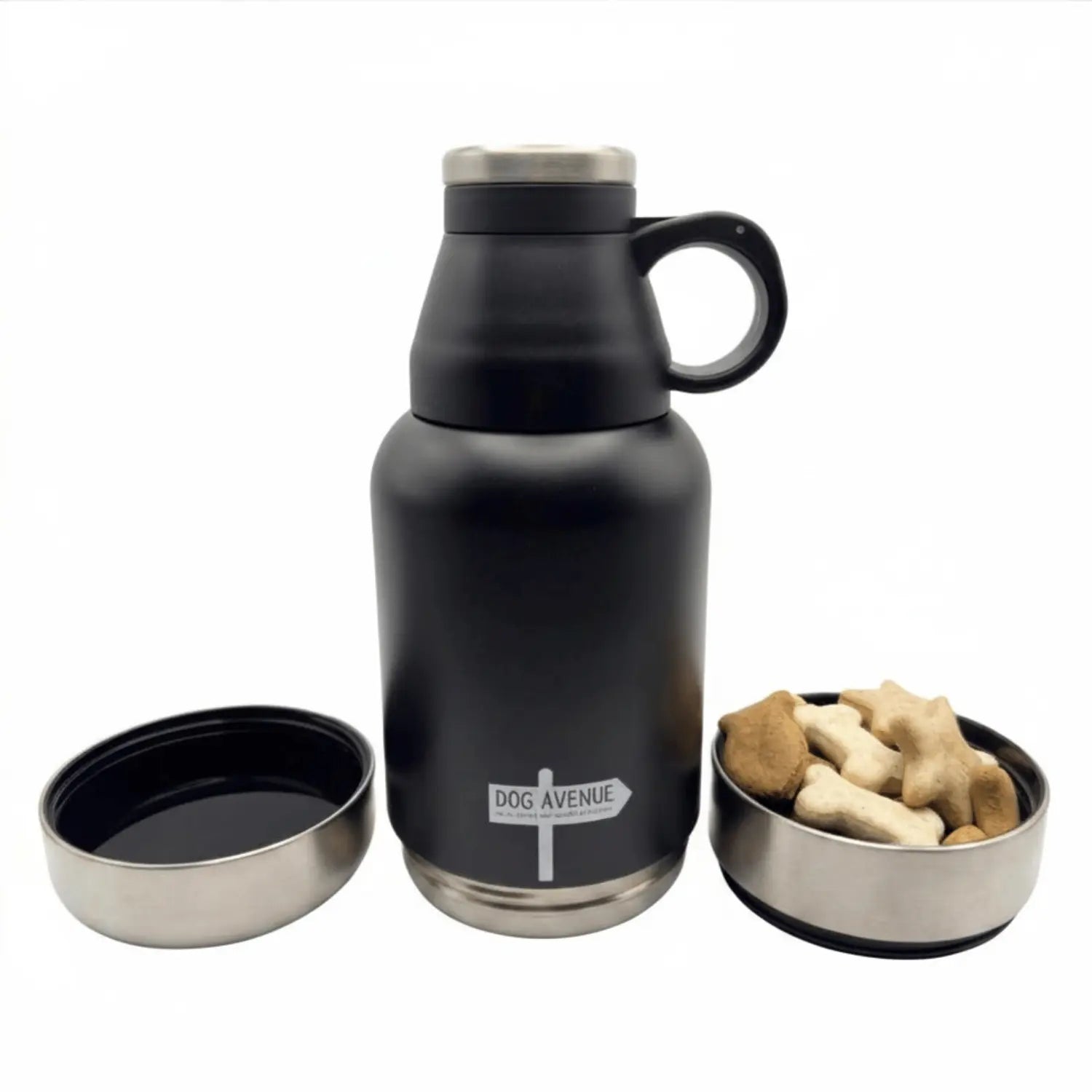 Dog Avenue 3-in-1 outdoor dog water bottle in matte black with stainless cup lid, an empty travel bowl and a bowl of dog treats