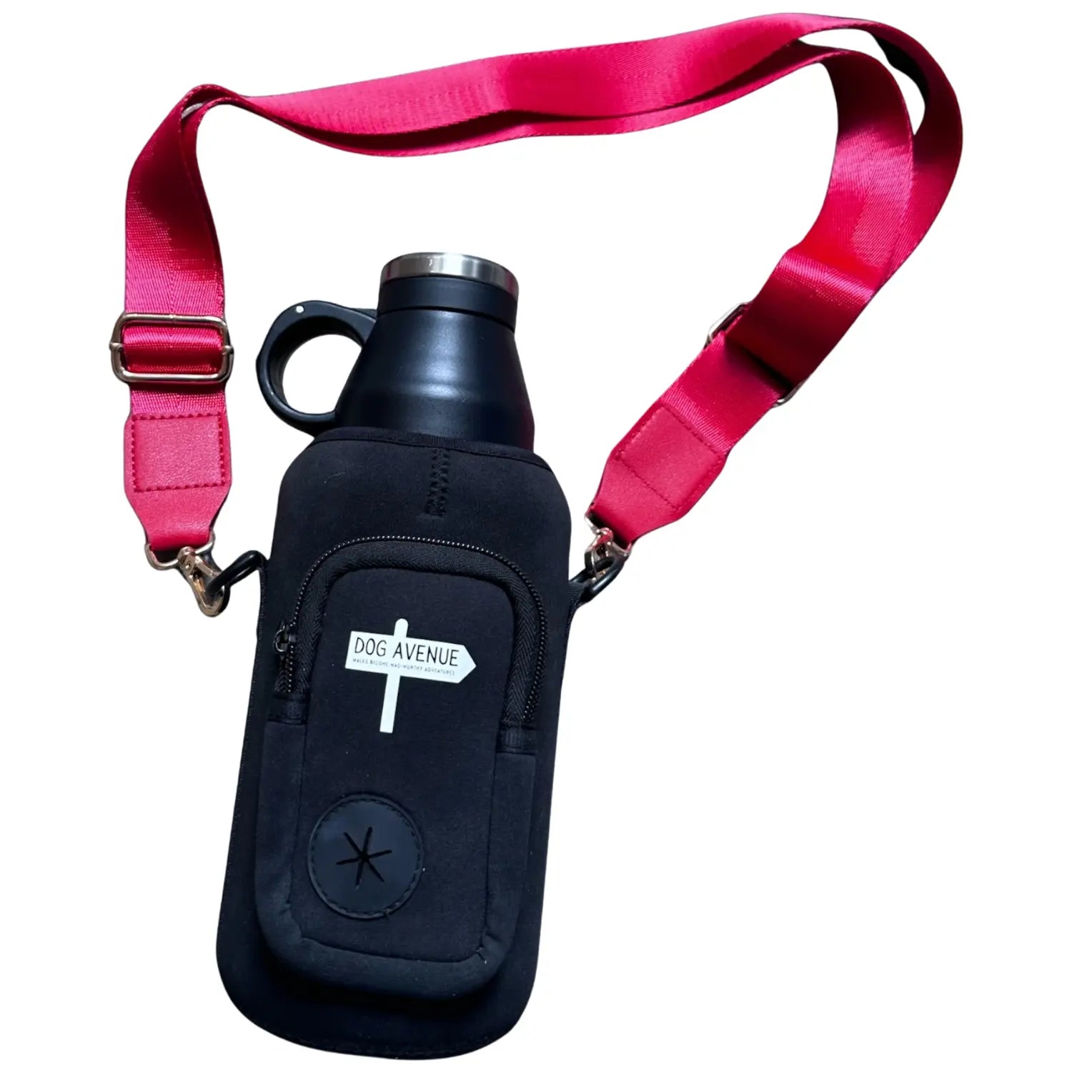 Dog water bottle in the black Buddy Bag carrier fitted with a red crossbody shoulder strap