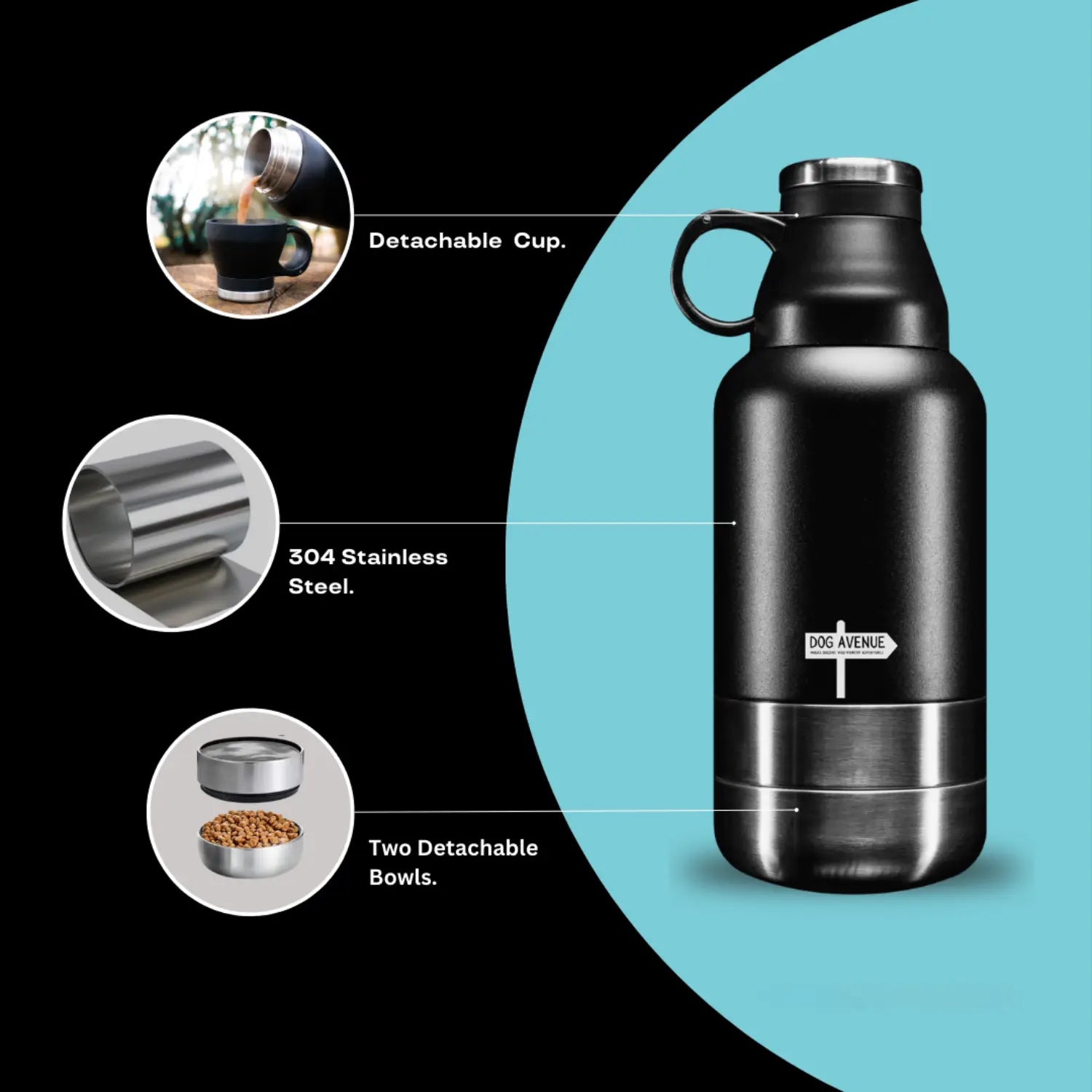 Feature diagram of the 3-in-1 bottle showing the detachable cup, 304 stainless steel build and two detachable bowls